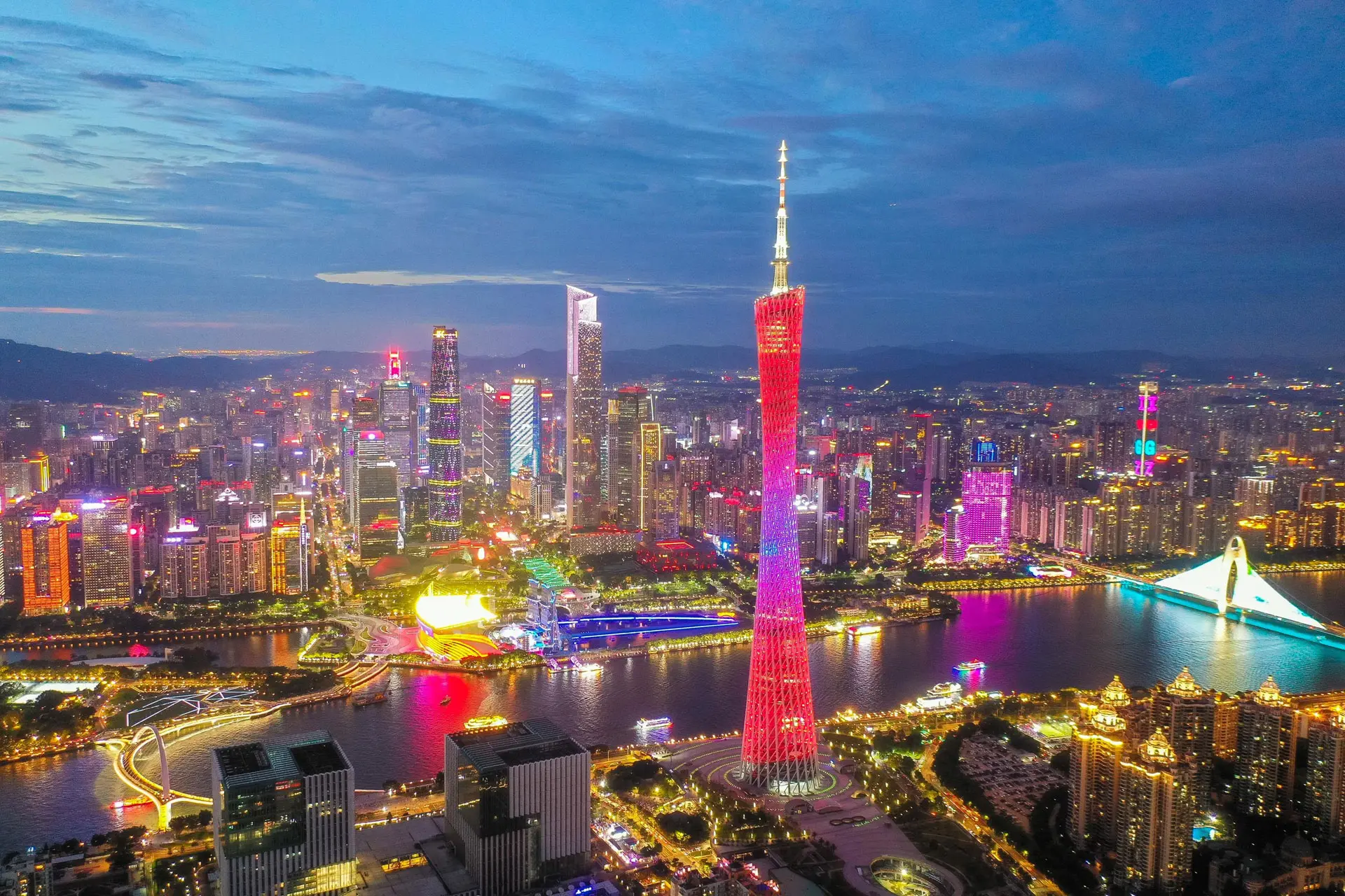 Guangzhou skyline and travel scenery along the Pearl River